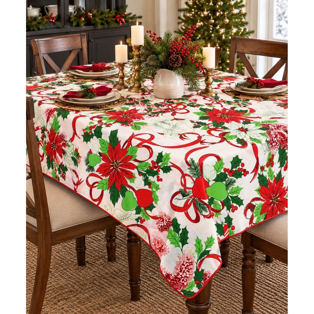 Vintage Christmas Tablecloth 58" x 76" Poinsettia Holly Doves Candy Canes